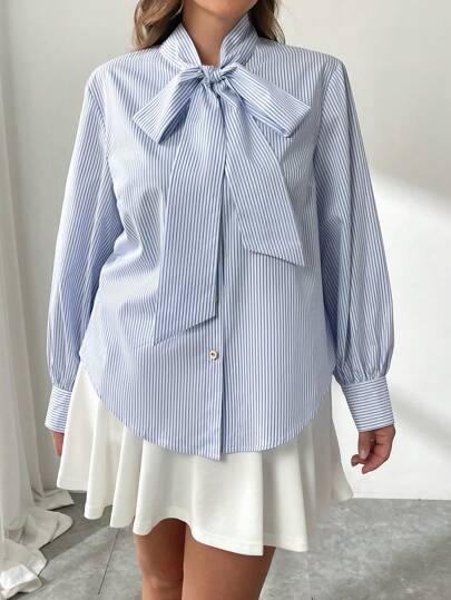 SHEIN Privé Plus Size Elegant Striped Bowknot Long Sleeve Blouse, Commuter Style, Autumn/Winter