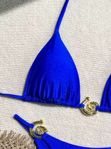 Women Summer Beach Solid Color Sexy Halter Backless Tied Bikini Set