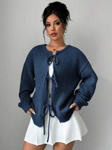 Rafferiza Crew Neck Front Tie Design Long Sleeve Cardigan - Navy Blue - View 3
