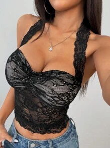 Chiquease Sexy Body-Sculpting Cropped Halter Front Lace Insert Pleated Lace Trim Camisole Top For Women, Apricot/Black, Year-Round