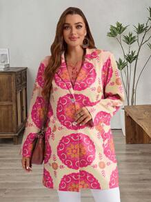 EMERY ROSE 大码女式乡村民族风花卉印花翻领单排扣长款夹克，女士冬装 - 彩色 - 查看 5