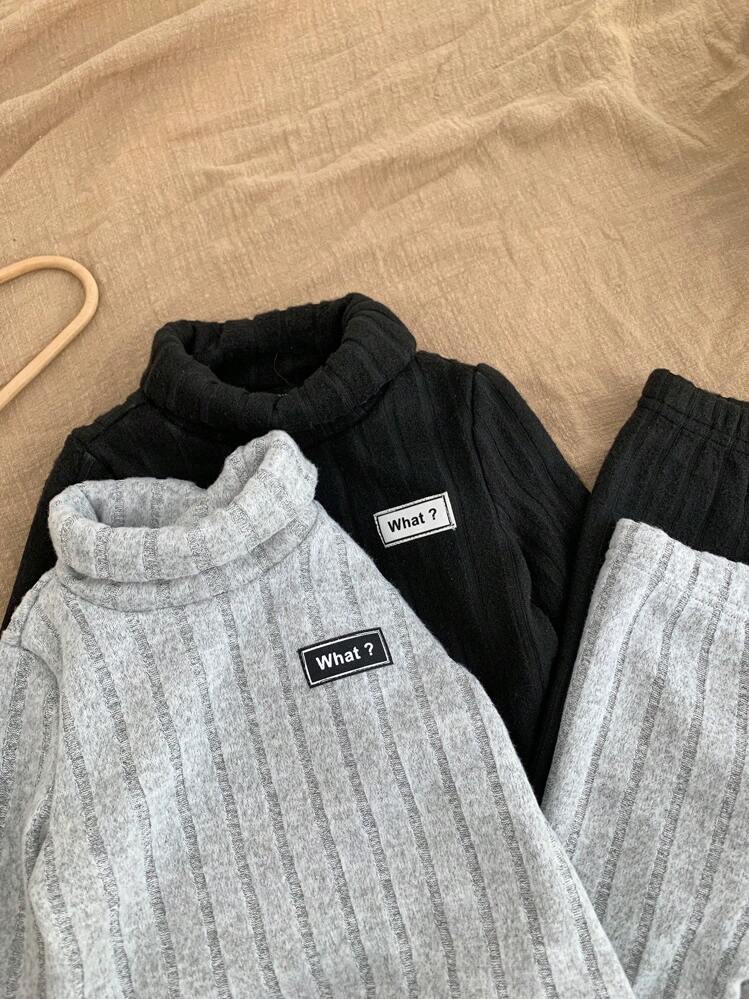 SHEIN 4 件套女婴可爱针织弹力高领长袖毛衣上衣和弹力腰长裤套装，秋冬 - 彩色 - 查看 4