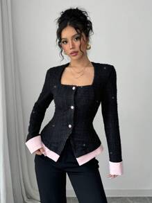 Elenzga Elegant Square Collar Color Block Single Breasted Long Sleeve Jacket For Women - Black - View 4