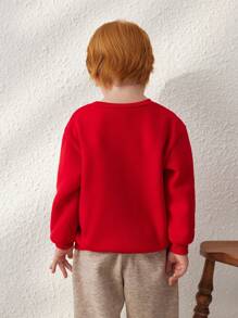 SHEIN Áo nỉ cổ tròn dệt kim màu đỏ Pháp rộng rãi thanh lịch cho bé trai, mùa thu/đông - Đỏ - Xem 2