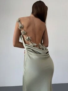 Aloruh Đầm dài hở lưng cổ xếp nếp cho nữ có họa tiết hoa 3D, thanh lịch - Màu be - Xem 3