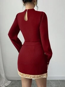 Elenzga 2 Stücke/Set Damen Herbst elegantes Langarm-Top & Rock Set mit Pailletten Verzierung