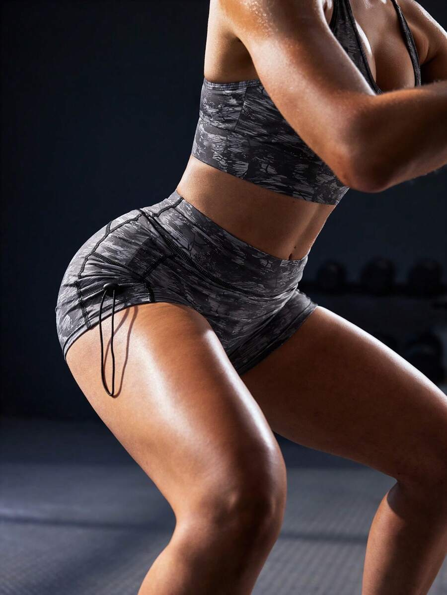 Powerista Allover Print Drawstring Waist Tight Fit Stretchy Waistline Summer Sports Shorts - Black - View 1