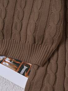 Franclia Solid Color Crew Neck Sweater With Cable Pattern, Casual & Versatile, Long Sleeve Knit Pullover Fall Winter - Coffee Brown - View 7