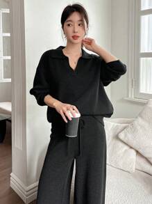 DAZY 2pcs Set: Solid Color Sweater And Wide Leg Pants For Women