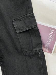 SHEIN Teen Boy Fashion Casual Black Lined For Added Warmth Cargo Pocket And Side Slit Design Loose Straight Leg Jeans Boys Cool Outfit/Boys Thanksgiving Outfit For Boys Costume Dailywear And Fall/Winter Teen Boy Clothes