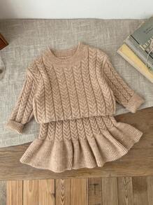 SHEIN LMoss Kids LMoss Baby Girl Babygirl 2pcs/Set Khaki Long Sleeve Sweater & Elastic Waist Ruffle Hem Skirt Suit, Autumn/Winter - Brown - View 3