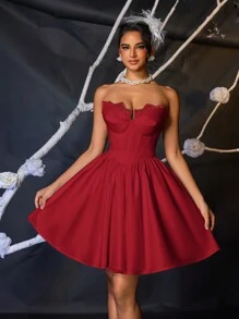 SHEIN Belle Gorgeous Elegant Noble Cute Stretchy Floral Lace Patchwork Satin Finish Bustier High Waist Tube Bridal Shower Dress , Suitable For Bachelorette Party, Wedding, Graduation, Vacation, Bride's Gift - Red - View 1