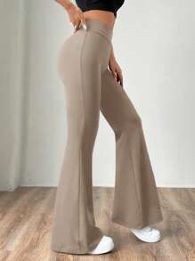 SHEIN EZwear 米色针织女式紧身喇叭裤 - 卡其色 - 查看 5