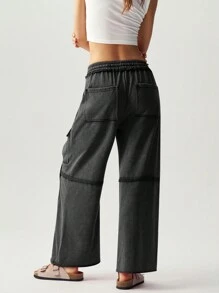 Bohemela Pantalones anchos de mujer de unicolor de punto con bolsillos para vacaciones informales