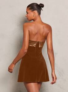 Glamine Women's Elegant Slim-Fit Straight-Neck Velvet Mini Dress, Warm For Holiday Party Clothes - Brown - View 2