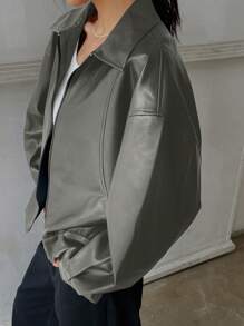 DAZY Oversized Collared Zip-Up Casual Motorcycle Faux Leather Long Sleeve Jacket Women Coats