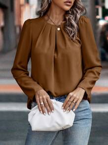 SHEIN Clasi Áo cánh tay bồng màu trơn giản dị mùa thu - Màu nâu  Mocha - Xem 5