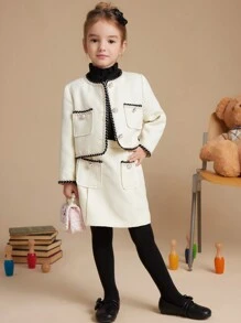 PrepCrw 年轻女孩学院风白色编织缎带装饰前按扣夹克，秋冬 - 白色 - 查看 7