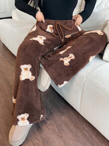 SHEIN EZwear Pantalones holgados y esponjosos de talla grande con patrón de oso para mujer, con cintura de lazo, para otoño/invierno - Multicolor - Ver 6