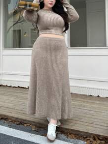 SHEIN Privé Plus Size Women's Ribbed Knit Skirt And Top 2 Pieces Set