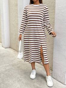 SHEIN Essnce Plus Size Women's Autumn And Winter Casual Loose And Comfortable Long Sleeve Slit Striped Mid-Length Dress,Fall Clothes,Black And White Dress,Curv Dress,Teacher Clothes,Fall Women Outfits,Homecoming,Midi Women Dresses,Airport Women Outfits