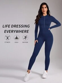 Easithlete 无缝高弹柔软瑜伽运动露背 V 型背连体裤 - 藏蓝色 - 查看 4