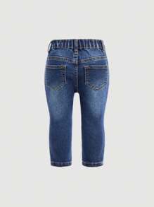 SHEIN Infant/Baby Girl Blue Denim Elastic Distressed Jeans - Dark Wash - View 2