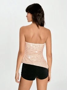 SHEIN EZwear Women Ruched Fitted Sequin Embellished Strapless Crop Top