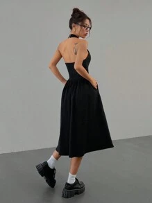 Muchica Women's Sexy Minimalist Solid Color Asymmetric Pocket Halter Dress, Summer - Black - View 2