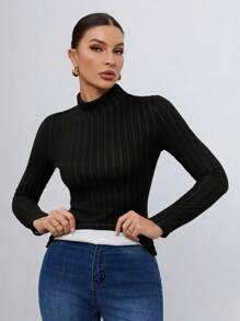 SHEIN Tall Women's Small High Collar, Wide Ribbeds And Thick Velvet Long-Sleeved T-Shirt Is Warm And Suitable For Autumn And Winter