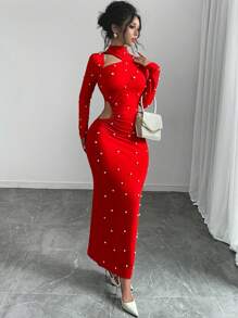 Rafferiza 全新设计博主珍珠镂空长款针织连衣裙新年服装超长款女装 - 紅色 - 查看 3