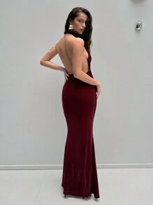 Aloruh 女士勃艮第红色优雅性感派对礼服，金属线垂领低胸修身美人鱼下摆礼服，适合新年 - 酒紅色 - 查看 2