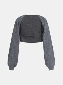 SHEIN Explorewe Teen Girls Solid Color Long Sleeve Cropped Cover Up And Slit Strap Dress 2 Pieces Co-Ords Set - Grey - View 4