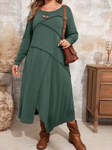 EMERY ROSE 大码休闲圆领长袖时尚舒适秋季圣诞连衣裙，女士冬装 - 墨綠色 - 查看 3