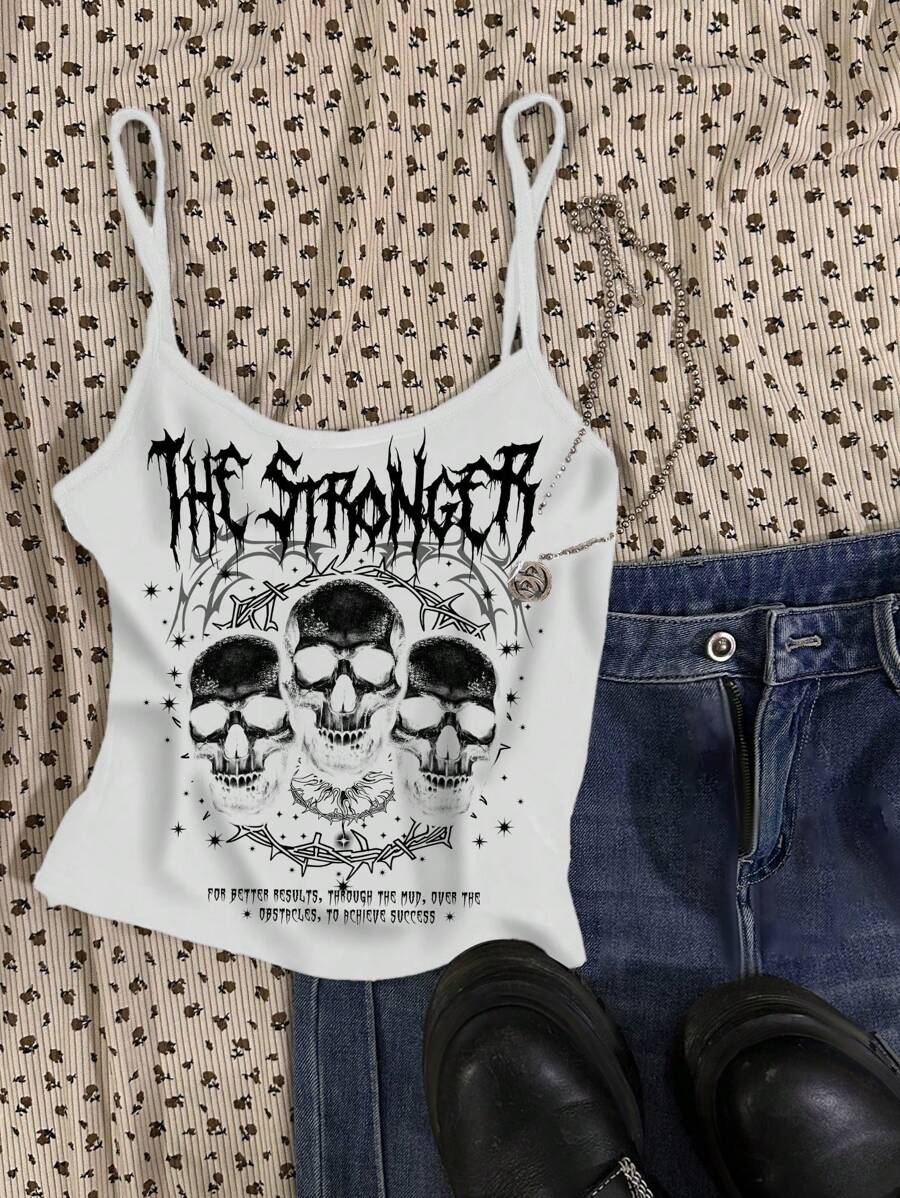 SHEIN EZwear Camiseta sin mangas ajustada blanca con estampado de calavera, adecuada para el verano