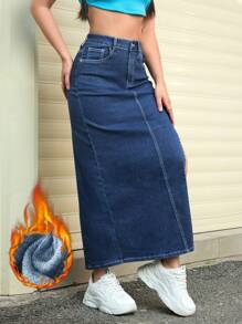 SHEIN EZwear Women Summer Casual Distressed Denim Asymmetric Split Skirt