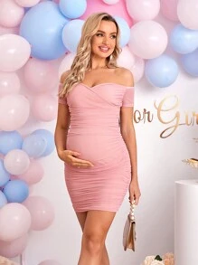 Loomaby Pregnant Women Plain Off Shoulder Short Sleeve Ruffle Dress, Baby Shower Maternity Dress - Pink - View 6