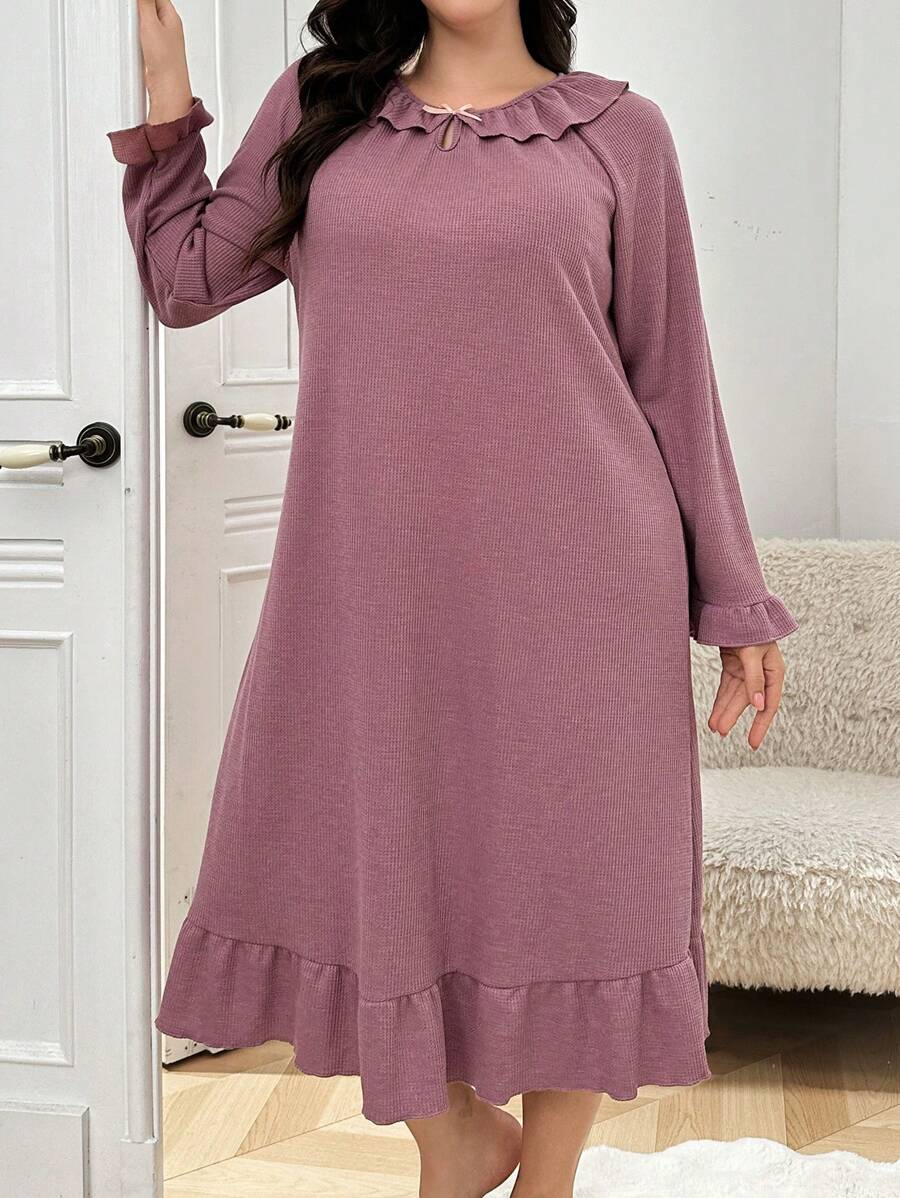 大码荷叶边彼得潘领宽松长袖睡袍 - 藕粉色 - 查看 1