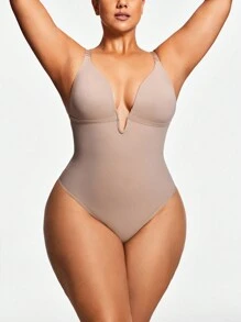 SHAPORA 大码纯色深 V 紧身衣 - 卡其色 - 查看 4