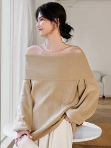 DAZY Oversize Off-Shoulder Knitted Sweater Top, Unique Design Long Sleeve Casual Pullover For Women Off Shoulder Sweater,Fall Clothes - Camel - View 3