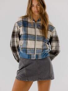 Aralina 经典格子图案拉链罗纹领袖飞行员开衫