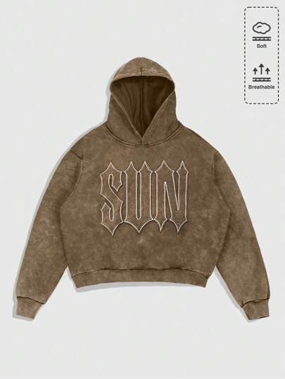 Grunge Punk Snowflake & Letter Applique Casual Hooded Sweatshirt