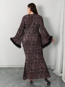 Modelyn Plus Size Leopard Print Fluffy Sleeve Panel Elegant Long Sleeve Dress - Multicolor - View 2