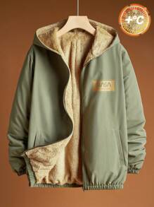 SHEIN Leap Crew 青少年男童休闲舒适学院风复合保暖连帽印花标语图案梭织长袖外套，适合返校节、文艺复兴、秋季机场鸡尾酒会等场合穿着。 - 綠色 - 查看 1