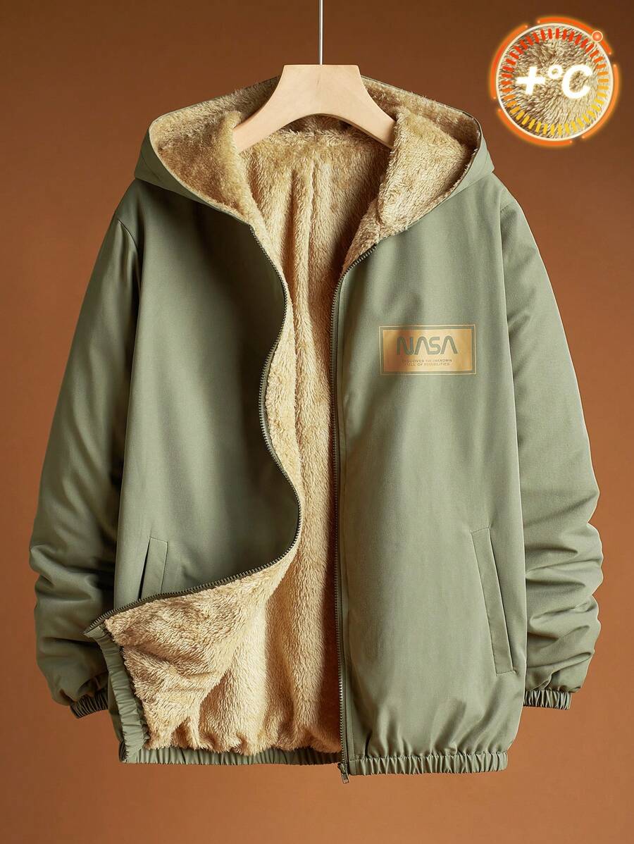 SHEIN Leap Crew 青少年男童休闲舒适学院风复合保暖连帽印花标语图案梭织长袖外套，适合返校节、文艺复兴、秋季机场鸡尾酒会等场合穿着。 - 綠色 - 查看 1