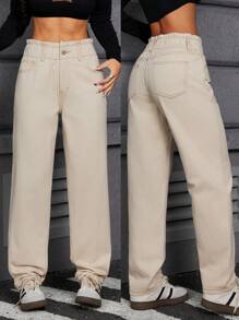 INAWLY Women's Solid Color Paper Bag Waist Pocket Casual Versatile Jeans - Khaki - View 3