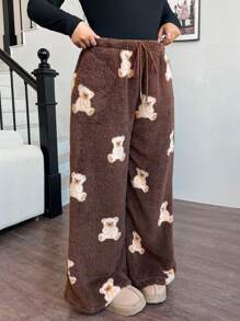 SHEIN EZwear Pantalones holgados y esponjosos de talla grande con patrón de oso para mujer, con cintura de lazo, para otoño/invierno - Multicolor - Ver 7
