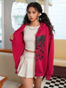 SHEIN Explorewe 2024年少女休闲街头时尚暗黑圣诞蝴蝶骷髅印花卫衣外套 - 酒紅色 - 查看 4