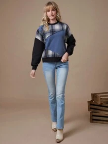 WESTFADE Mixed Media Western Patchwork Crewneck Long Sleeve Sweatshirt