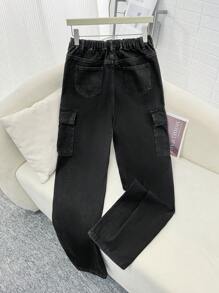 SHEIN Teen Boy Fashion Casual Black Lined For Added Warmth Cargo Pocket And Side Slit Design Loose Straight Leg Jeans Boys Cool Outfit/Boys Thanksgiving Outfit For Boys Costume Dailywear And Fall/Winter Teen Boy Clothes